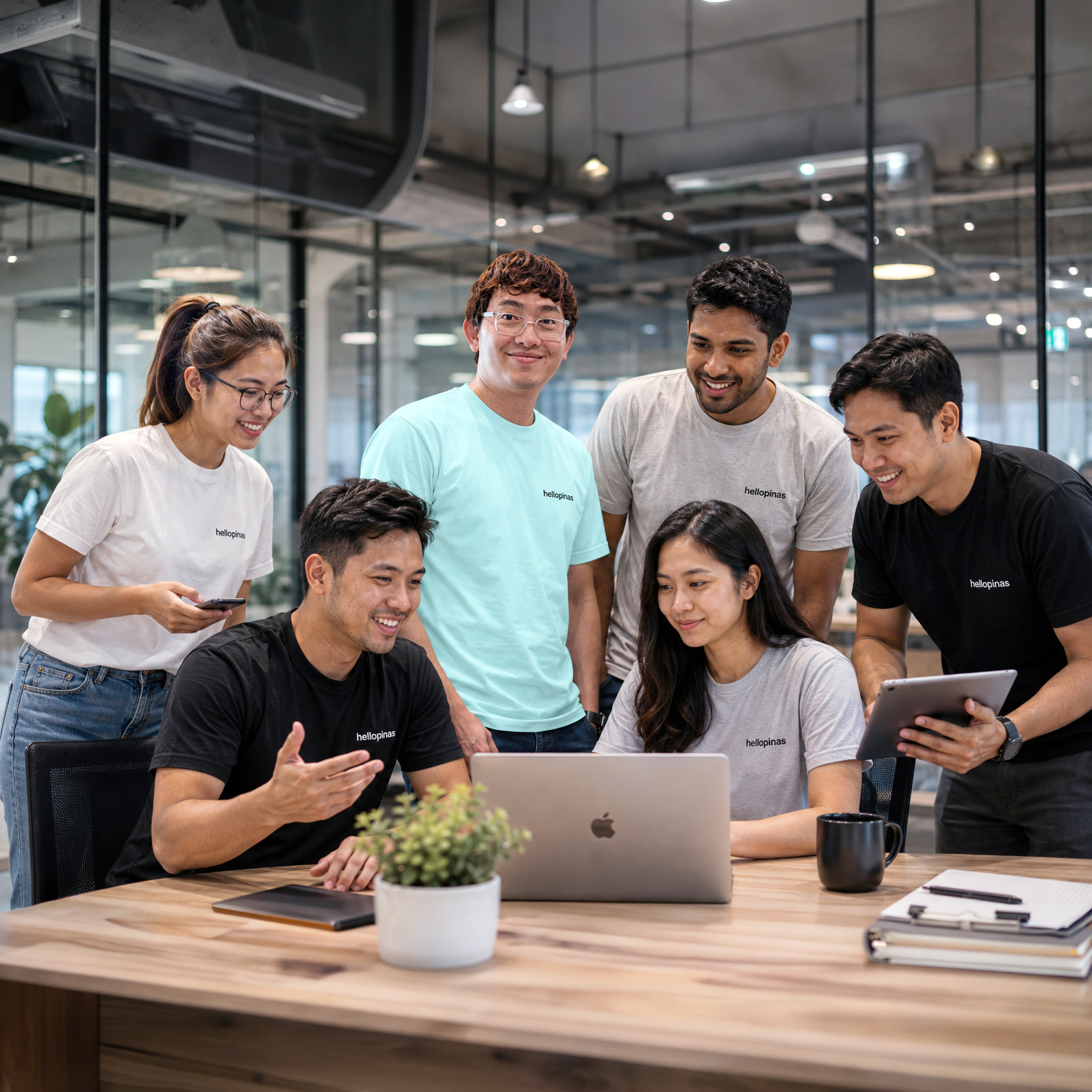 Six members of the hellopinas team gathered around a laptop in the studio, reviewing work together