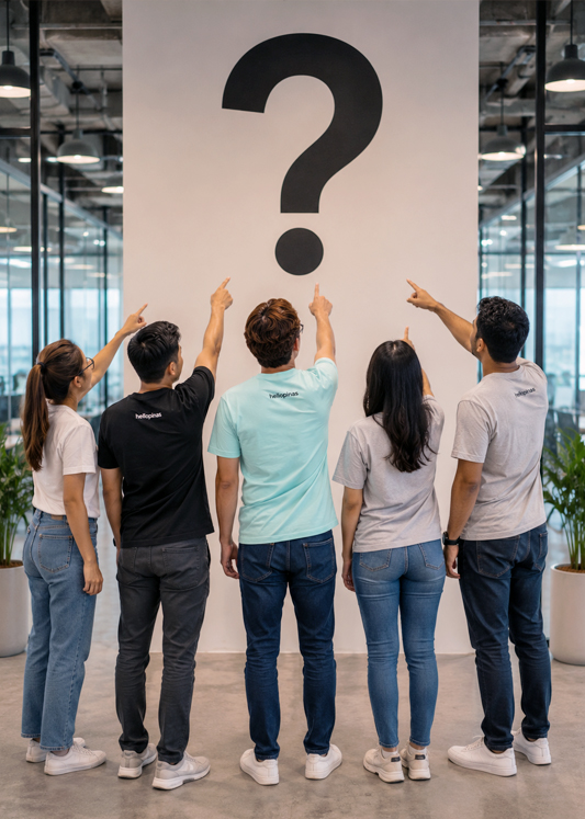Five members of the hellopinas team standing with their backs to camera, pointing up at a large question mark painted on the office wall
