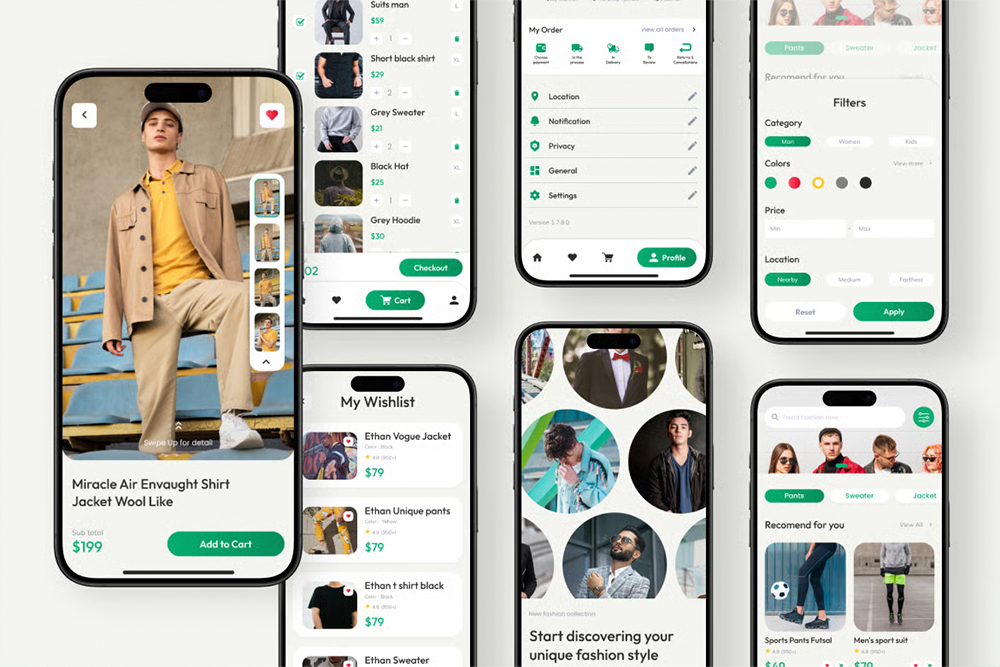 Six phones running a fashion shopping app: product detail, cart, wishlist, order tracking, category filters and account settings