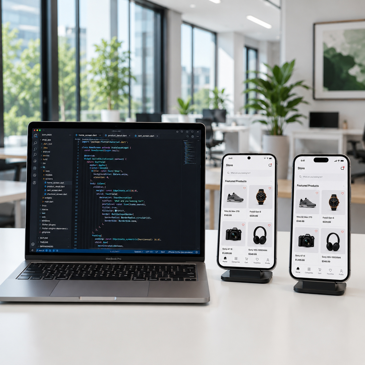 A laptop showing Flutter source for a shopping app, beside two phones running the finished storefront