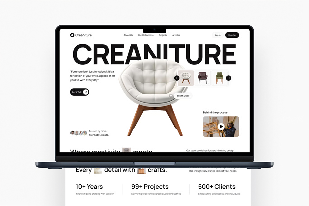 The Creaniture furniture storefront open on a laptop, its product carousel above a row of trading figures on the page below
