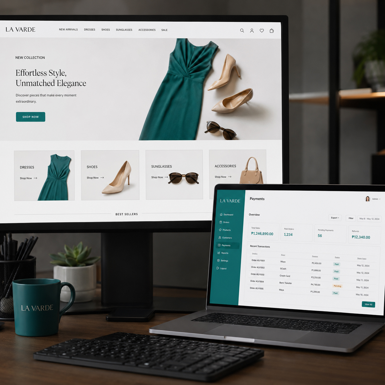 The LA VARDE online store on a monitor, beside its payments console listing recent orders settled by card, GCash and bank transfer