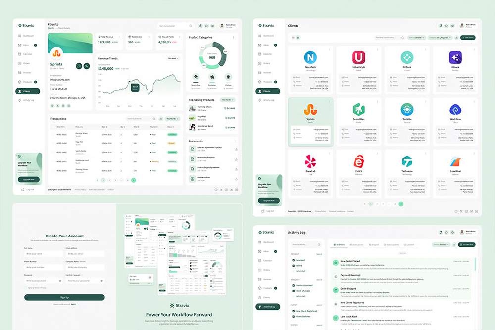 Four views of the Stravix client platform: a client record with revenue trends, the client directory, an activity log of order and payment events, and the sign-up flow