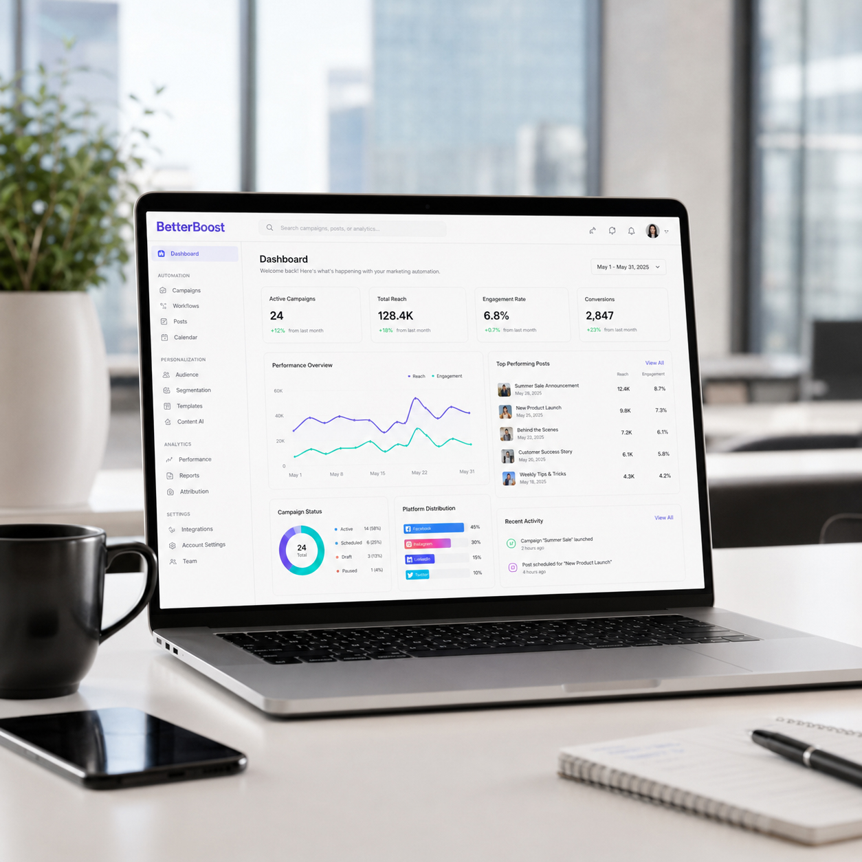 The BetterBoost automation dashboard on a laptop, showing active campaigns, reach and engagement trends, and scheduled posts by platform