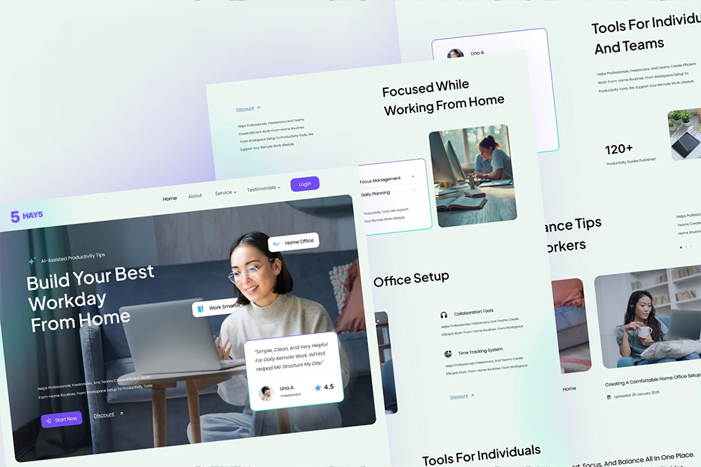 Pages from the HAY5 productivity site laid out on an angle: the landing hero, a focus-management section and an article index
