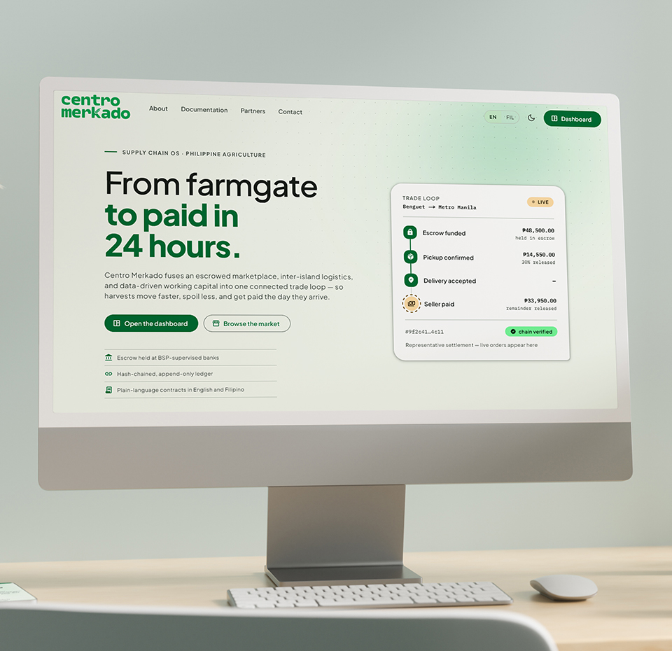 The Centro Merkado supply-chain website on a desktop display, showing its landing page beside a live trade-loop settlement panel